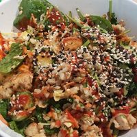 Seoul Bowl (I got roasted cauliflower instead of roasted mushrooms). And pineapple ginger drink. at Crisp & Green in Naples