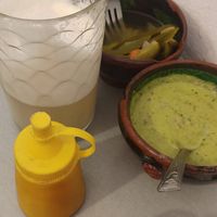 Piñada (the drink) 55 pesos, & free guacamole, jalapeños and mustard/ketchup at Casa Onca Centro in Aguascalientes