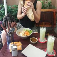 Banh my with mock meat and mixed veggie noodle bowl at Bon's Vegan in Ho Chi Minh City