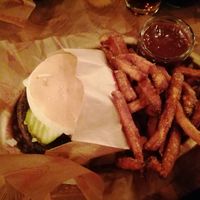 Vegan burger with sweet potato fries and BBQ sauce at Barrels Burgers & Beer in Stockholm