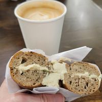 Rye bagel with fauxnaggio chive schmear at Bagel Guild in Boston