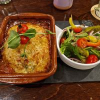 Vegan Puttanesca Aubergine Parmigiana (very filling!) at Brasserie Koriander in Rotterdam
