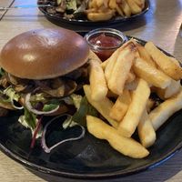 Vegan burger with fries  at The Eatery in Blaavand