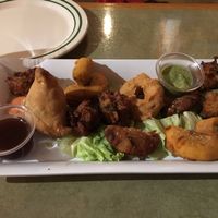 Vegetable appetizer platter with pakoras, samosas, tikki, yum (this is veggie, not vegan) at Dosa-N-Curry in Somerville