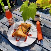 Indian samosa with local brewed kombucha at Gula Villan in Norsborg