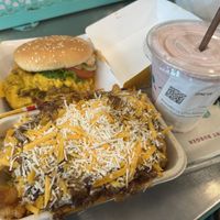 Burger, chilli cheese fries and strawberry milkshake  at PLNT Burger - NoMad in New York City