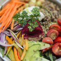 Vegan Poke Bowl with macadamia/vegan feta topper at The Orchard Table at Macadamias Australia in Bundaberg