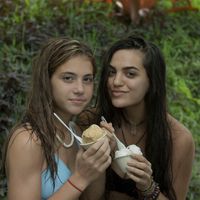My sister and I enjoying the best ice cream, ever. at Coconut Glen's in Haiku