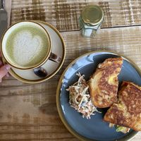 Cheddar, somked tofu and kimchi toastie. Matcha oat latte    at Heaphys in Glastonbury