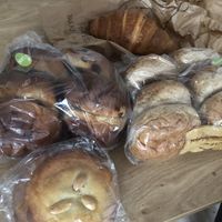 Almond cake (gevulde koek), raisin buns and brown buns for take away  at De Vegan Bakker in Heusden
