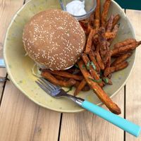 Burger with sweet potato friess  at El Verde in Genk