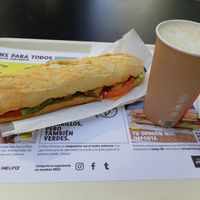 Classic Heura sandwich with coffee at Pans & Company in Valencia