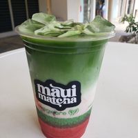 Seasonal strawberry matcha latte with macadamia milk at Maui Matcha in Lahaina