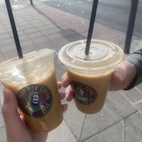 Iced decaf, hazelnut, oat milk lattes  at Hideout Coffee Co in Portsmouth