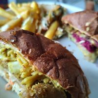 Chickn fillet burger (salt and pepper chips in the background!) at Vegalution in Colchester