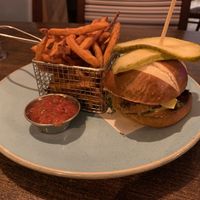 Vegan buttermilk burger with sweet potato fries  at Duncans Bar & Bistro in Irvine
