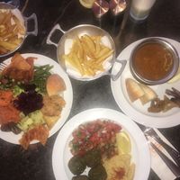 From left to right 
Fes platter - falafel- harrira  at Cafe Clock in Fes