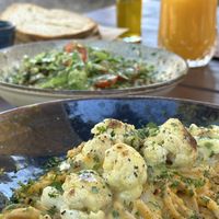 Vegan pasta with pumpkin sauce and cauliflower   at Afrálato in Kalamata