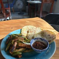 Indian, spicy sauteed okra with naan, amazing!  at Madame Hà in Con Dao