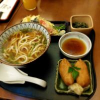 Vegan NihonBashi Udon Set: Seasonal starter (in this case spinach with sesame), Udon (wheat noodle) soup, Tempura (fried vegetables), Inari sushi (fried tofu filled with rice) at NihonBashi in Vienna