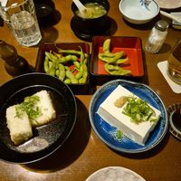 Edamame, miso and tofu soup, cold stolen tofu,  fried tofu in sauce at NihonBashi in Vienna