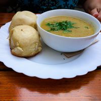 Potato Soup and Dampfnudel (dumplings) at Weinstube Eulenspiegel at Weinstube Eulenspiegel in Speyer