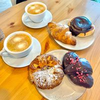 Plain croissant, chocolate cinnamon bun, raspberry crown, chocolate raspberry marzipan croissant  at Brauðgerðarhús Akureyrar in Akureyri