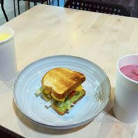 Mango Guaca Lover toast and milkshakes with soy milkk  at The Avocado Cafeteria in Helsinki