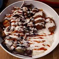 Falafel bowl. Lots of tahini and chilli sauce! at Moorish Falafel Bar in Norwich