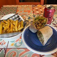 Sweet chilli chicken wrap and chips at Moorish Falafel Bar in Norwich