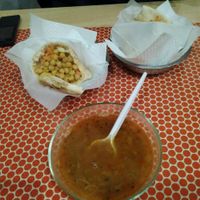 pita with chickpeas & falafel & red lentil soup at TiK TaK Hummus Bar in Budapest