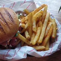 "Take Bahn Mi", weekend special burger.
Vegetable paté, burger or chick'n patty, spicy marinated ham, pickled rainbow veg, garlic mayo and coriander. Amazing! at Rabbit Food @ Meadows Tap in Edinburgh