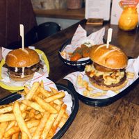 Doner burger, baby got mac burger, buffalo tenders, fries  at Rabbit Food @ Meadows Tap in Edinburgh