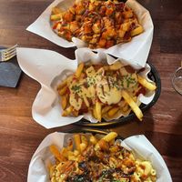 buffalo loaded fries, pepperoni loaded fries and mac and cheese loaded fries (i think some of these are no longer on the menu)  at Rabbit Food @ Meadows Tap in Edinburgh
