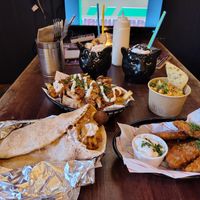 Garfield dawg (with lasagna AND waffle fries!), chicken showarma loaded fries, tenders and a small Mac 'n cheese. All deliciously vegan, of course! at Rabbit Food @ Meadows Tap in Edinburgh