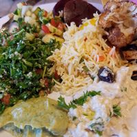 Avo-hummus, baba ghanoush, spiced rice, etc at Dimassi's Mediterranean Buffet in Austin