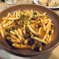“Skioufihta” mediterranean (traditional pasta) with tomato sauce, olives, eggplants & fresh oregano    at Kalderimi in Crete