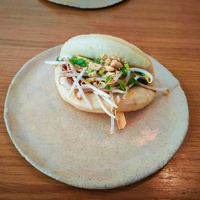 Bao bun with peanuts, oyster mushroom, cucumber, sprouts and herbs. at Dwa Stoliki in Torun