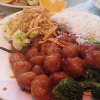 orange meatless chicken lunch option  at Big Lantern in San Francisco