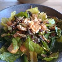 Tofu, garbanzo, black beans, quinoa, mushrooms, olives, spinach, corn strips, balsamic vinaigrette 🥗 at Avocato Cocina Creativa in Puerto Penasco