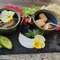 Tinned "fish". Enoki mushrooms, celery root, kelp caviar at Salt and Pepper Social in Newcastle