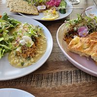 "Crab cakes", foccacia with vegan honey and feta at Salt and Pepper Social in Newcastle