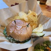 Veggie Burger with a side of chips  at The Yellow Deli in Kingston