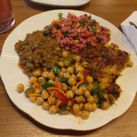 Chose the 4 option plate. Lentils, chickpea salad, couscous salad, and a zucchini pastry ! I mean truly so good and delicious. at Wegain in Istanbul