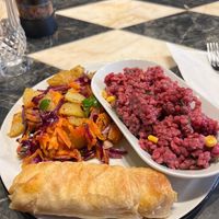 3 options of couscous, potato salad and borek  at Wegain in Istanbul