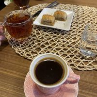 Turkish coffee and tea with vegan baklava  at Wegain in Istanbul