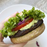 Vegan falafel burger with guacamole and homemade sourdough bread at Dzen of Food in Yerevan