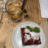 Berry crumblejack and iced coffee  at FED in Bristol