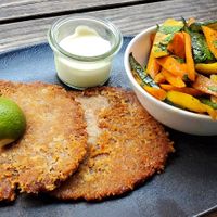 Corn/bean schnitzel with vegan truffle mayo and roasted vegetables side at HeimWerk Glockenbachviertel in Munich