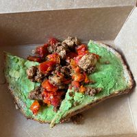 Tofu chorizo on avocado toast  at Ceremony Coffee Roasters - Point St in Baltimore